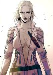  1girl 50yen belt beltskirt bodysuit breasts breasts_apart center_opening cleavage collarbone cowboy_shot cross-laced_clothes expressionless high_collar knife large_breasts leaf lips looking_at_viewer metal_gear_(series) metal_gear_solid mole mole_under_eye monochrome navel no_bra open_clothes scar sheath sheathed short_hair the_boss unzipped weapon wind 