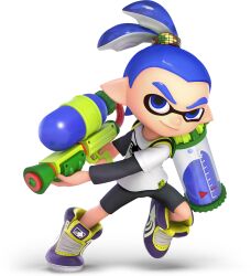  1boy 3d bike_shorts black_undershirt blue_eyes blue_hair closed_mouth dynamic_pose eye_mask full_body gradient_hair highres holding holding_weapon ink_tank_(splatoon) inkling inkling_boy inkling_player_character john_(splatoon) long_sleeves looking_at_viewer multicolored_hair official_art purple_shoes shirt shoelaces shoes short_sleeves smile sneakers solo splatoon_(series) splatoon_1 splattershot_(splatoon) spotted_hair suction_cups super_smash_bros. t-shirt tentacle_hair thick_eyebrows transparent_background two-tone_hair v-shaped_eyebrows weapon white_shirt 