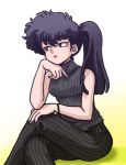  black_hair hand_on_own_chin kunou_kodachi pants ranma_1/2 ribbed_shirt shirt side_ponytail sleeveless sleeveless_turtleneck striped striped_pants turtleneck wantan-orz 