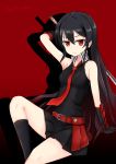  1girl absurdres akame akame_ga_kill! bare_shoulders belt black_gloves black_hair chicking gloves highres long_hair looking_at_viewer necktie red_background red_eyes sitting solo sword vambraces very_long_hair weapon 