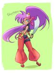  1girl ass bandana bandeau blue_eyes bracer character_name cutlass_(sword) earrings from_behind harem_pants jewelry long_hair looking_back midriff pants pointy_ears ponytail purple_hair shantae shantae_(character) shantae_and_the_pirate&#039;s_curse shoes simple_background smile solo sword very_long_hair vest weapon 