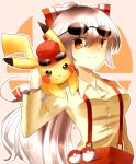  1girl brown_eyes fujiwara_no_mokou hair_bobbles hair_ornament hat highres indo_(mdtanaka2007) long_hair long_sleeves looking_at_viewer pants pikachu pokemon pokemon_(creature) shirt silver_hair smile sunglasses sunglasses_on_head suspenders touhou very_long_hair 