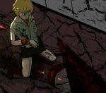  1girl artist_request blonde_hair blood boots cowgirl_position crossover heather_mason lowres miniskirt pyramid_head short_hair silent_hill silent_hill_3 skirt sleeveless solo straddling vest weapon wristband 