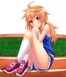  1girl ahoge blonde_hair blush brown_eyes fast-runner-2024 full_body grass highres knee_to_face kneehighs long_hair looking_at_viewer nail_polish original pink_nails red_shoes shirt shoes shorts simple_background sitting sleeveless sleeveless_shirt solo sportswear thighs tiffy track_and_field white_background white_legwear 