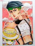  1boy araki_hirohiko_(style) black_hair crop_top earrings frame green_eyes headband heaven&#039;s_door highres holding_pen jewelry jojo_no_kimyou_na_bouken kameron kishibe_rohan male_focus midriff pen signature stand_(jojo) suspenders traditional_media upper_body wristband 