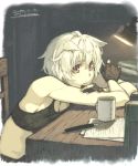  1girl animal_ears bare_shoulders black_gloves book_stack bra chair cup dated fountain_pen gloves inubashiri_momiji looking_at_viewer no_hat open_mouth paper pen red_eyes seu_(hutotomomo) short_hair signature sitting solo table touhou underwear white_hair wolf_ears 