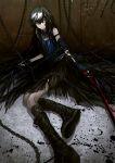  1girl bare_shoulders black_gloves black_hair boots chain chained cross-laced_footwear entangled fingerless_gloves gloves highres katana long_hair looking_at_viewer original red_eyes revision shirt sitting skirt solo suzki00 sword thigh-highs very_long_hair weapon 