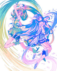  2girls absurdly_long_hair ankle_socks aoki_reika ascot blue_bow blue_eyes blue_hair blue_shirt blue_shorts blue_skirt blue_wrist_cuffs blunt_bangs boots bow bowtie brooch circlet coattails covered_mouth crown cure_beauty cure_march feather_sleeves floating floating_hair footwear_bow frilled_skirt frills full_body gold_crown green_bow green_bowtie green_eyes green_hair green_ribbon green_shirt green_shorts green_skirt green_socks green_wrist_cuffs hair_ornament hair_tubes hand_on_own_thigh hand_up high_heel_boots high_heels high_ponytail jewelry knee_boots long_hair long_sidelocks looking_at_viewer loose_socks magical_girl midorikawa_nao miniskirt multiple_girls nachuchoco parted_lips petals pleated_skirt ponytail precure ribbon ribbon_legwear shirt short_sleeves shorts shorts_under_skirt sidelocks skirt skirt_set smile_precure! socks tiara train_(clothing) very_long_hair white_arm_warmers white_ascot white_background white_boots white_sleeves wind wing_hair_ornament wrist_cuffs 