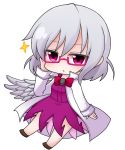  1girl bespectacled bow bowtie chibi dress glasses jacket kishin_sagume long_sleeves open_clothes open_mouth purple_dress red_eyes shiohachi shirt short_hair silver_hair single_wing solo touhou wings 