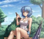  1girl abs alcohol alternate_costume blue_eyes blue_hair blush bottle breasts cleavage drunk hair_ornament hairclip hater_(artist) heterochromia karakasa_obake looking_at_viewer nature red_eyes shirt short_hair shorts sitting sleeveless smile solo tank_top tatara_kogasa toned touhou tree umbrella 