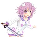  1girl blush choker d-pad hair_ornament highres hinakurukuru hoodie looking_at_viewer neptune_(choujigen_game_neptune) neptune_(series) open_mouth purple_hair sword weapon 