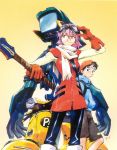  1boy 1girl backpack backwards_hat bag bandages baseball_cap bass_guitar boots canti flcl gloves goggles goggles_on_head guitar haruhara_haruko hat highres hoodie instrument jacket motor_vehicle nandaba_naota official_art pink_hair poster rickenbacker robot sadamoto_yoshiyuki scarf scooter short_hair shorts signature simple_background vehicle vespa yellow_eyes 