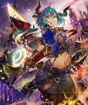  1girl blue_eyes blue_hair gloves horns midriff navel necktie shingeki_no_bahamut short_hair solo steampunk sword torn_clothes weapon yui_(niikyouzou) 