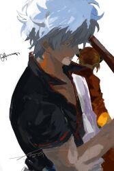  1boy 1girl absurdres back bun_cover commentary_request gintama hair_between_eyes high_collar highres holding imamuu_(imamoon) japanese_clothes kagura_(gintama) kimono orange_hair profile sakata_gintoki short_hair short_sleeves signature simple_background smile upper_body white_background white_kimono 