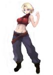  1girl baggy_pants blonde_hair blue_eyes blue_mary breasts covered_nipples crop_top fatal_fury full_body groin highres johan_(johan13) large_breasts midriff multiple_belts navel pants short_hair skin_tight sleeveless sleeveless_turtleneck solo turtleneck 