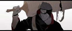  1boy akatsuki_uniform black_eyes black_nails blue_hair forehead_protector grin highres holding holding_sword holding_weapon hoshigaki_kisame kirigakure_symbol male_focus nail_polish naruto_(series) naruto_shippuuden ninja over_shoulder samehada_(naruto) sharp_teeth short_hair simple_background smile solo sword teeth weapon weapon_over_shoulder white_background zifletts 