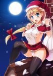  1girl :d adapted_costume black_legwear blonde_hair blue_eyes breasts capelet hat large_breasts long_hair low_ponytail miniskirt open_mouth original panties pantyshot pantyshot_(sitting) ponytail santa_costume santa_hat sideboob sitting sitting_on_roof sketch skirt smile solo tashimu thigh-highs underwear 