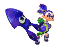  1boy absurdres artist_request bike_shorts black_shirt blue_eyes blue_hair blue_theme eye_mask frown full_body gradient_hair highres holding holding_weapon ink_tank_(splatoon) inkling inkling_(swim_form) inkling_boy inkling_player_character john_(splatoon) long_sleeves looking_ahead multicolored_hair official_art purple_shoes shirt shoelaces shoes short_sleeves sneakers splatoon_(series) splatoon_1 splattershot_(splatoon) spotted_hair suction_cups t-shirt tentacle_hair thick_eyebrows transparent_background two-tone_hair v-shaped_eyebrows weapon white_shirt 