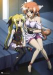  2girls absurdres animal_ears arf bandages black_legwear black_ribbon blonde_hair blue_eyes breasts brown_hair cleavage fate_testarossa fox_ears fox_tail gloves gloves_removed hair_ribbon highres indoors long_hair lyrical_nanoha mahou_shoujo_lyrical_nanoha multiple_girls navel official_art open_mouth pleated_skirt ribbon scratches skirt tail thigh-highs torn_clothes torn_thighhighs twintails white_skirt 