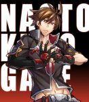  1boy ahoge blazblue blazblue:_central_fiction brown_eyes brown_hair character_name high_collar kaneaki_mukku mismatched_gloves naoto_kurogane navel palm-fist_greeting solo spiky_hair 