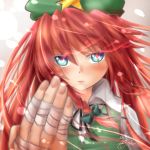  bandages blue_eyes bow braid hat highres hong_meiling long_hair looking_at_viewer redhead seiya_(iiseven) solo star touhou twin_braids 