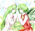  2girls ao-shiba ascot checkered_vest green_hair hands_together hat kazami_yuuka kazami_yuuka_(pc-98) long_hair multiple_girls nightcap petals red_eyes seihou short_hair steepled_fingers symmetrical_pose time_paradox touhou wings 