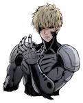  1boy black_sclera blonde_hair cyborg damaged genos looking_at_viewer onepunch_man short_hair solo trocco upper_body white_background yellow_eyes 