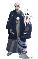  1boy 1girl bald black_hair black_horns black_kimono blue_archive closed_mouth commentary_request commission demon_horns ear_piercing facial_hair flower goatee hair_flower hair_ornament hairclip halo holding horns japanese_clothes kayoko_(blue_archive) kayoko_(dress)_(blue_archive) kimono long_hair long_sleeves looking_at_viewer namaonpa official_alternate_costume on_stool piercing red_eyes sandals simple_background sitting skeb_commission socks standing sunglasses swept_bangs white_background white_hair white_socks wide_sleeves 