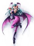  1girl alternate_eye_color aqua_hair armpits arms_up ass bat_print black_boots black_leotard blue_eyes boots breasts cleavage demon_wings flying head_wings high_heel_boots high_heels highres knee_boots leotard light_smile long_hair morrigan_aensland nishinomiya_sakuko pantyhose print_legwear purple_legwear side_glance solo vampire_(game) wings 