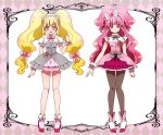  2girls blonde_hair bow brooch frills full_body grey_bow hair_bow hairband half_updo jewelry kagami_chihiro long_hair low-tied_long_hair magical_girl multiple_girls original pantyhose pink_bow pink_eyes pink_hair pink_skirt precure shoes skirt smile standing twintails wrist_cuffs 