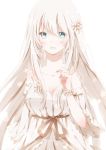  1girl aqua_eyes blonde_hair bracelet breasts cleavage collarbone dress earrings flower hair_flower hair_ornament highres hiro_(hirohiro31) jewelry large_breasts layered_dress long_hair looking_at_viewer open_mouth original sash smile solo strapless_dress very_long_hair white_dress wide_sleeves 