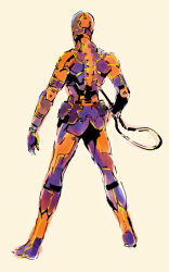  1boy armor cyborg faceplate from_behind full_body gray_fox helmet highres holding holding_sword holding_weapon legs_apart male_focus mechanical_spine metal_gear_(series) metal_gear_solid ninja official_art portrait power_suit science_fiction shinkawa_youji signature simple_background solo sword weapon white_background 