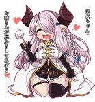  1girl bare_shoulders black_gloves blush breasts closed_eyes demon_horns elbow_gloves fingerless_gloves gloves granblue_fantasy hair_ornament hair_over_one_eye horns large_breasts lavender_hair long_hair mimikaki narumeia_(granblue_fantasy) niwakaame_(amayadori) open_mouth pointy_ears simple_background single_thighhigh solo thigh-highs thighs white_background 