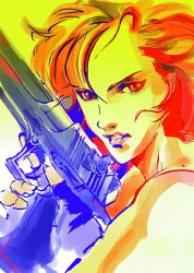  1girl absurdres bare_shoulders black_gloves desert_eagle fingerless_gloves from_side gloves gun handgun highres holding holding_gun holding_weapon meryl_silverburgh metal_gear_(series) metal_gear_solid official_art parted_lips portrait red_hair serious shinkawa_youji short_hair solo weapon 