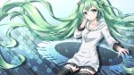 1girl floating_hair green_eyes green_hair hatsune_miku headset highres hoodie long_hair looking_at_viewer piano_keys smile solo thigh-highs twintails very_long_hair vocaloid yamagara 