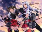  2girls arrow black_hair bow_(weapon) breastplate brown_eyes brown_gloves clouds gloves hair_ribbon hairband kantai_collection long_hair machinery multiple_girls neko_(yanshoujie) pleated_skirt ribbon shirt shoukaku_(kantai_collection) silver_hair single_glove skirt sky thigh-highs twintails very_long_hair weapon zettai_ryouiki zuikaku_(kantai_collection) 