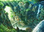  2015 arch bridge canyon chimney city cityscape fantasy flag fog forest from_above gears kemi_neko nature no_humans original scenery signature stairs sunlight tree water water_tower waterfall watermill 