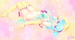  1girl aqua_eyes artist_name babydoll bangs blue_hair elbow_gloves girl_(anime_expo) gloves hairband highres kami-sama_(girl) lying on_back short_twintails solo star thigh-highs twintails yellow_gloves yellow_legwear 
