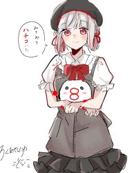  1girl alternate_costume apron artist_name beret black_hat black_skirt bow bowtie closed_mouth collared_shirt colored_text_highlight cowboy_shot frilled_shirt_collar frilled_skirt frills grey_apron grey_hair hachiban_ramen hachiban_ramen_uniform hachiko_(hachiban_ramen) hair_ribbon hair_rings hat highres link!_like!_love_live! looking_at_viewer love_live! mascot miniskirt multicolored_hair puffy_short_sleeves puffy_sleeves red_bow red_bowtie red_hair red_ribbon ribbon roku_aya_fuyu shirt short_hair short_sleeves signature simple_background skirt smile speech_bubble split_mouth streaked_hair translation_request virtual_youtuber white_background white_shirt yugiri_tsuzuri 