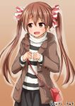  1girl anti_(untea9) bag blush bow brown_coat brown_eyes brown_hair casual coat commentary cowboy_shot hair_bow handbag highres kantai_collection libeccio_(kantai_collection) long_hair long_sleeves open_mouth red_bow shoulder_bag smile solo striped striped_sweater sweater twintails twitter_username 