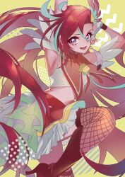  1girl absurdres aqua_hair arm_up armpit_crease armpits bare_shoulders boots capelet clothing_cutout crop_top cure_flamingo earrings eyelashes feather_earrings feather_hair_ornament feather_sleeves feathers fingerless_gloves fishnet_thighhighs fishnets floating_hair foot_out_of_frame frilled_skirt frills gloves hair_between_eyes hair_ornament halftone hand_on_own_head happy heart_cutout high_heel_boots high_heels highres jewelry knee_boots knee_up long_hair looking_at_viewer lower_teeth_only magical_girl midriff miniskirt multicolored_hair open_mouth precure red_boots red_capelet red_hair red_ribbon red_skirt red_thighhighs ribbon shell_brooch shipu_(gassyumaron) shirt short_sleeves signature skirt smile solo streaked_hair swept_bangs takizawa_asuka teeth thigh-highs tropical-rouge!_precure two-tone_hair very_long_hair violet_eyes white_gloves white_shirt yellow_background yellow_brooch 