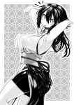  1girl arms_up bike_shorts black_hair borrowed_character chankodining_waka japanese_clothes long_hair looking_at_viewer monochrome original solo 