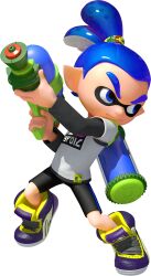  1boy 3d bike_shorts black_undershirt blue_eyes blue_hair closed_mouth dynamic_pose eye_mask full_body gradient_hair highres holding holding_weapon ink_tank_(splatoon) inkling inkling_boy inkling_player_character john_(splatoon) long_sleeves multicolored_hair official_art purple_shoes shirt shoelaces shoes short_sleeves sneakers solo splatoon_(series) splatoon_1 splattershot_(splatoon) spotted_hair suction_cups t-shirt tentacle_hair thick_eyebrows transparent_background two-tone_hair v-shaped_eyebrows weapon white_shirt 