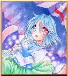  1girl blue_hair colored_pencil_(medium) commentary_request heterochromia juliet_sleeves karakasa_obake long_sleeves looking_at_viewer mosho puffy_sleeves shirt skirt smile solo tatara_kogasa tongue tongue_out touhou traditional_media umbrella vest 