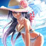  1girl bare_shoulders bikini black_hair blue_ribbon breasts brown_eyes butterfly_ornament cleavage clouds cloudy_sky collarbone hair_between_eyes hat hat_ribbon horizon kasumi_(shironeko_project) konya_(chocolate_palette) light_rays long_hair looking_at_viewer ocean ribbon shironeko_project sky smile solo standing straw_hat sun_hat swimsuit very_long_hair water white_bikini white_swimsuit 