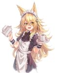  1girl :d absurdres animal_ears blonde_hair blush commentary_request cup deluxe&lt;&lt;&lt; fangs fox_ears headdress highres holding long_hair looking_at_viewer maid maid_headdress mug open_mouth original saucer simple_background smile solo steam tea white_background wrist_cuffs yellow_eyes 