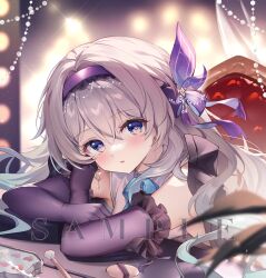  1girl absurdres alternate_costume aqua_hair black_gloves black_hairband earrings elbow_gloves firefly_(honkai:_star_rail) gloves gradient_hair grey_hair guzangnanfeng hair_between_eyes hair_ornament hairband highres honkai:_star_rail honkai_(series) jewelry long_hair looking_at_viewer multicolored_eyes multicolored_hair parted_lips sample_watermark single_earring sitting solo upper_body watermark 