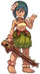  1girl ankle_flower anklet barefoot black_hair flower hair_flower hair_ornament indivisible jewelry leilani looking_at_viewer official_art smile solo sword tagme tan_skin waving weapon 