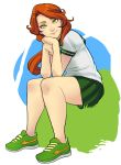  1girl chin_rest contemporary defense_of_the_ancients dota_2 eyebrows freckles full_body green_eyes green_skirt greenmarine highres long_hair looking_at_viewer lyralei nose nose_piercing piercing pleated_skirt redhead school_uniform serafuku shoes sitting skirt smile sneakers solo 