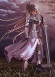  1girl armor armored_boots arrow breastplate brown_eyes brown_hair clouds corpse dress gauntlets helmet highres hirame_sa knight long_hair looking_down original solo sword thigh-highs very_long_hair weapon wind 